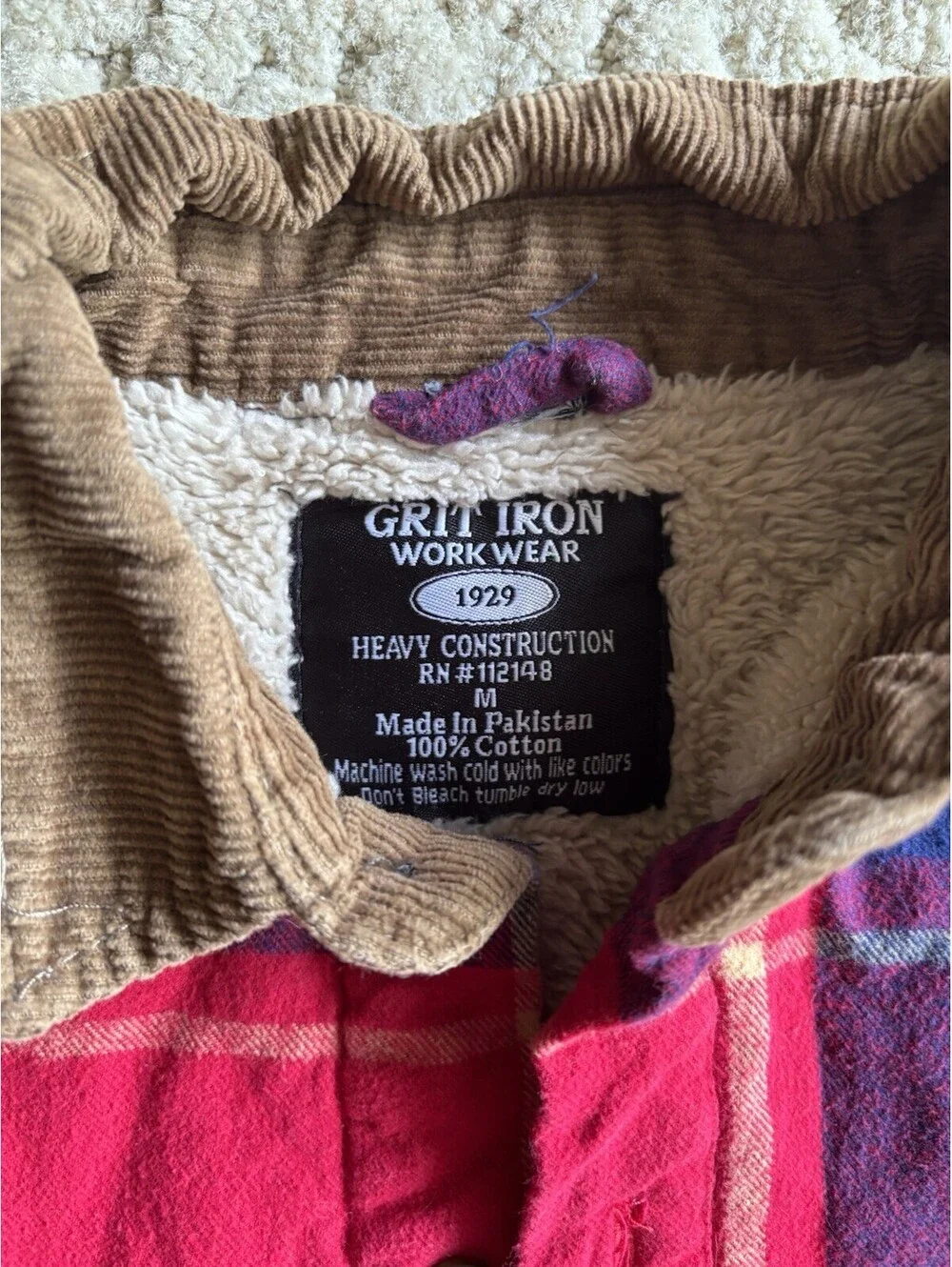 Grit Iron Workwear Flannel Shirt Jacket Adult Medium Red Plaid Sherpa Lined